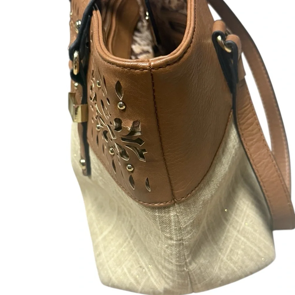 Nicole Miller Tan Sparkly Linen & Faux Leather Laser-Cut Tote Handbag - Picture 5 of 14